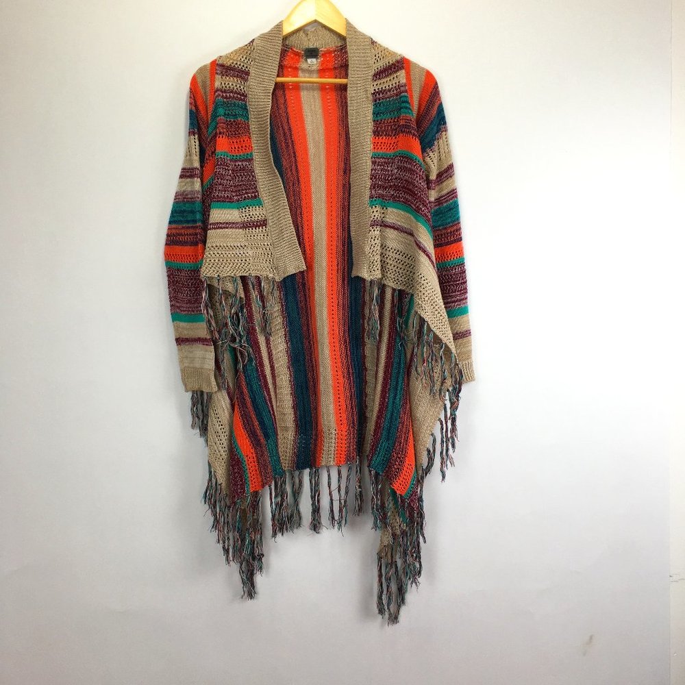 Poof! MultiColor Striped Loose Knit‎ Open Front Fringed Sweater Women's Size S